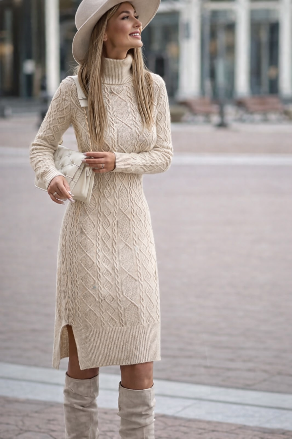 The Soft Confidence – Cable Knit Midi Sweater Dress