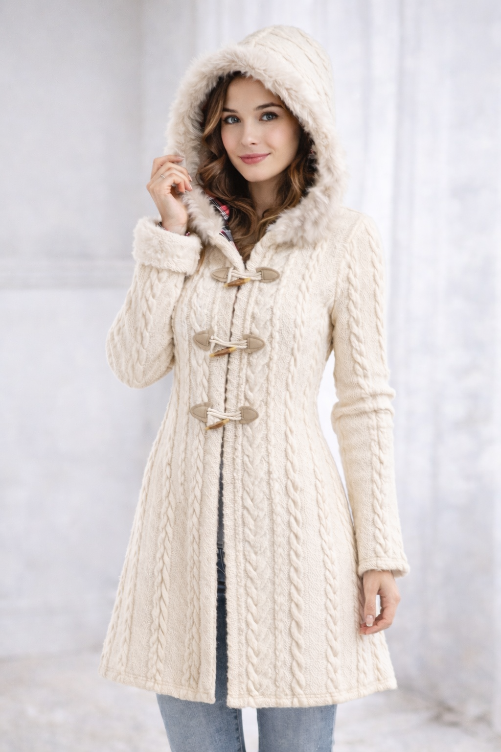 The Winter Obsession – Long Knit Coat with Faux-Fur Hood