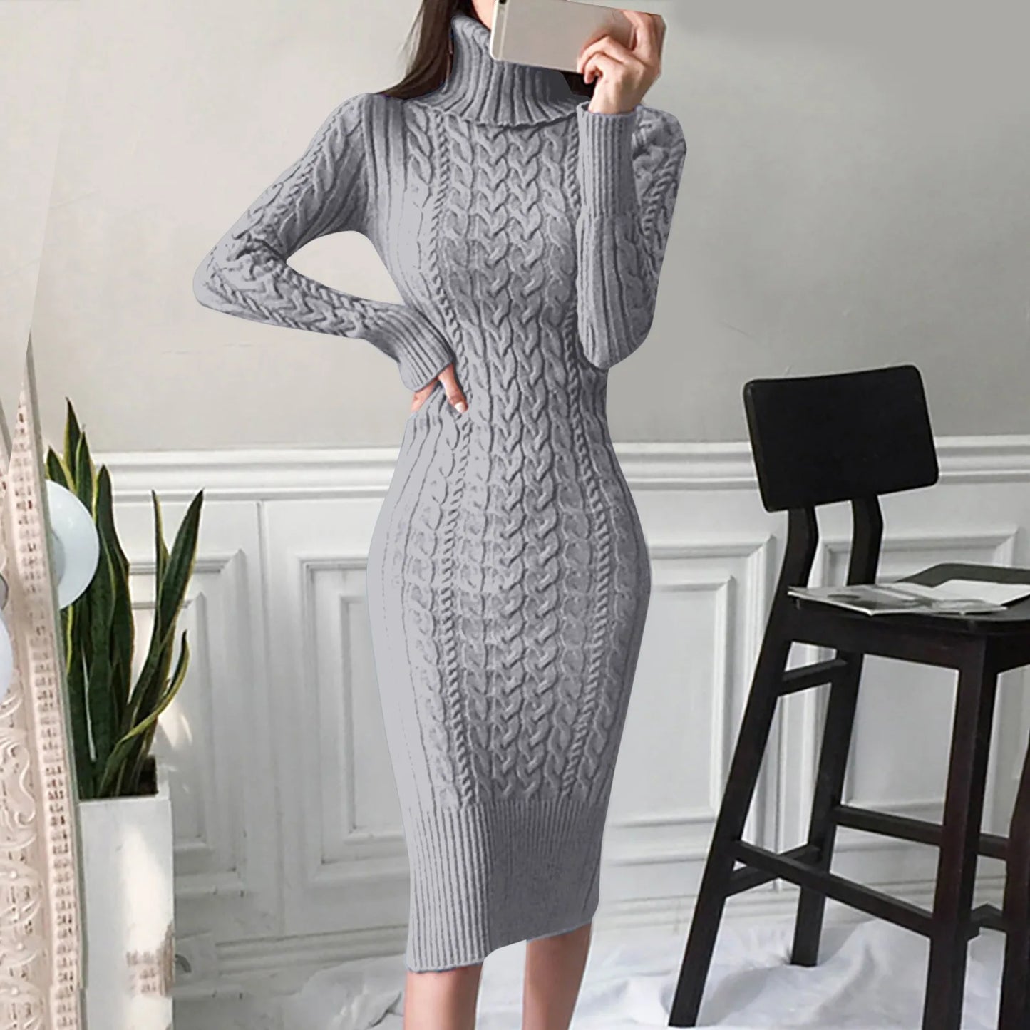 The Sculpted Cable Turtleneck Midi Dress