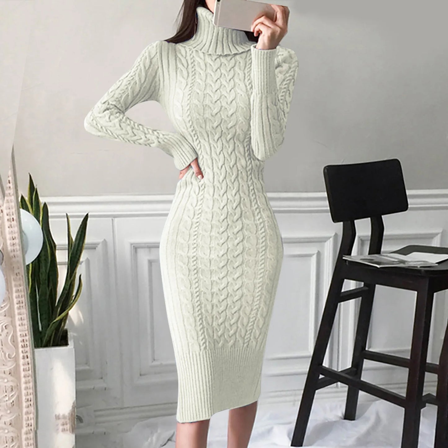 The Sculpted Cable Turtleneck Midi Dress