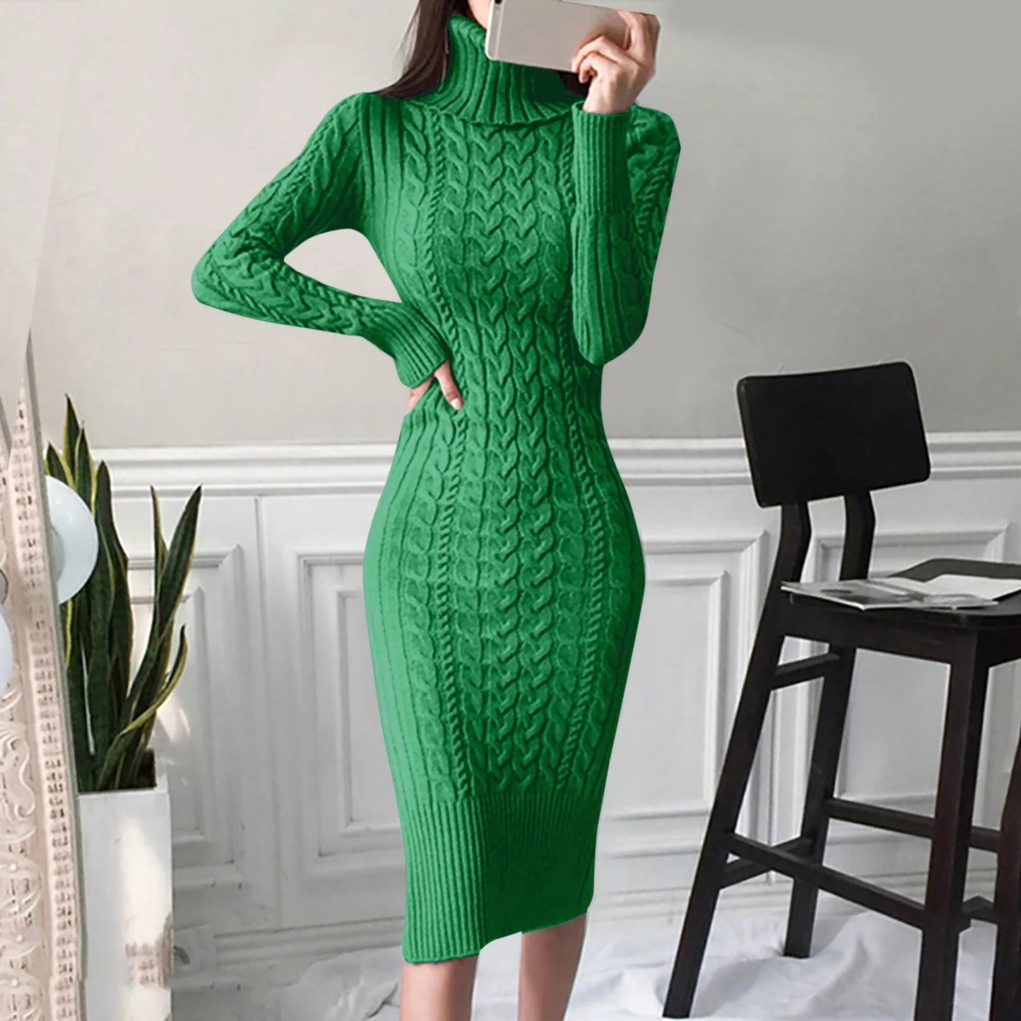 The Sculpted Cable Turtleneck Midi Dress