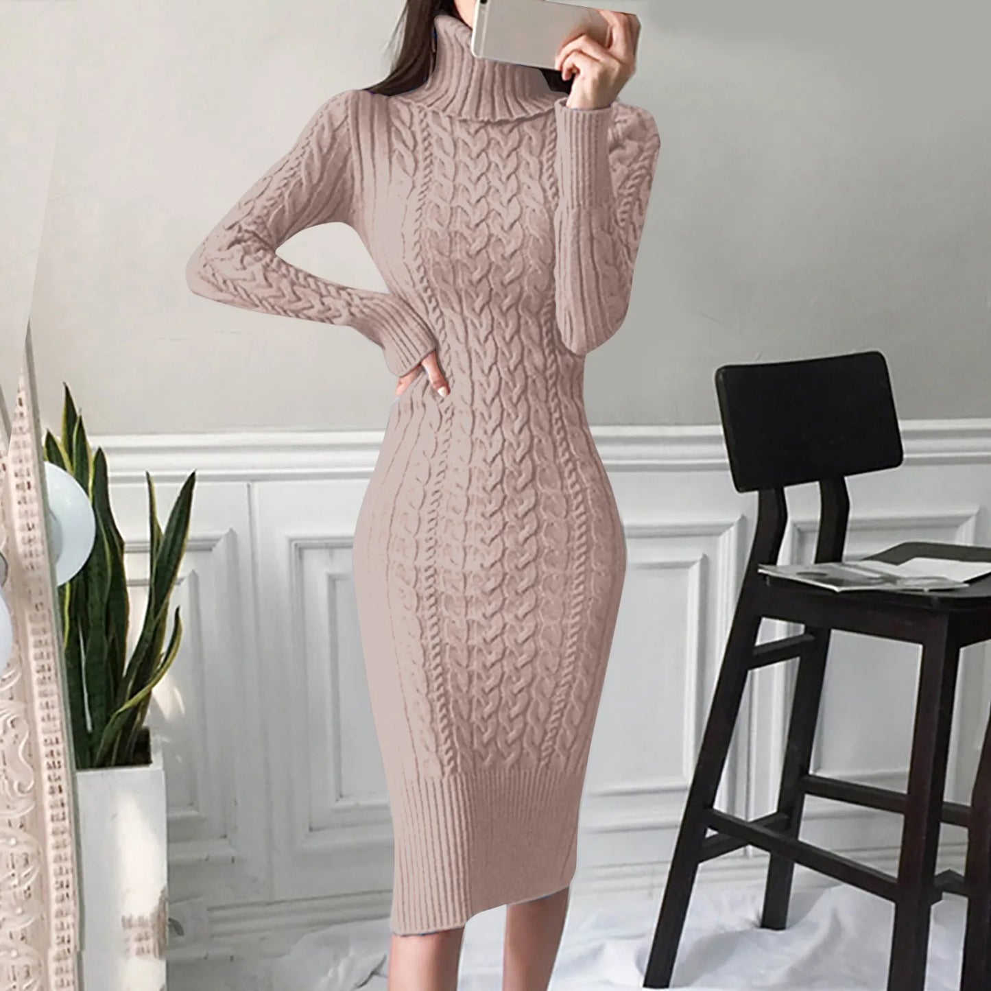 The Sculpted Cable Turtleneck Midi Dress