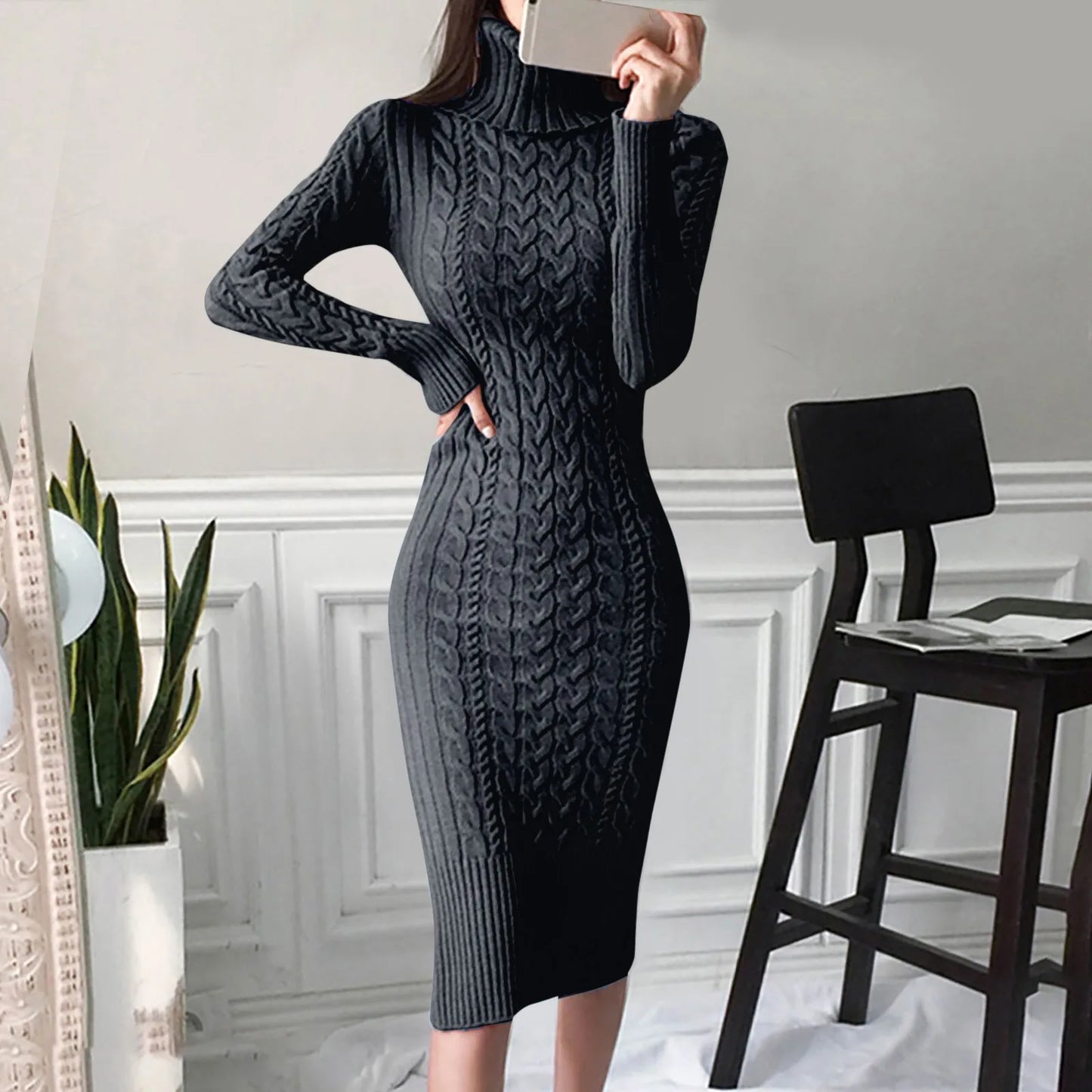 The Sculpted Cable Turtleneck Midi Dress