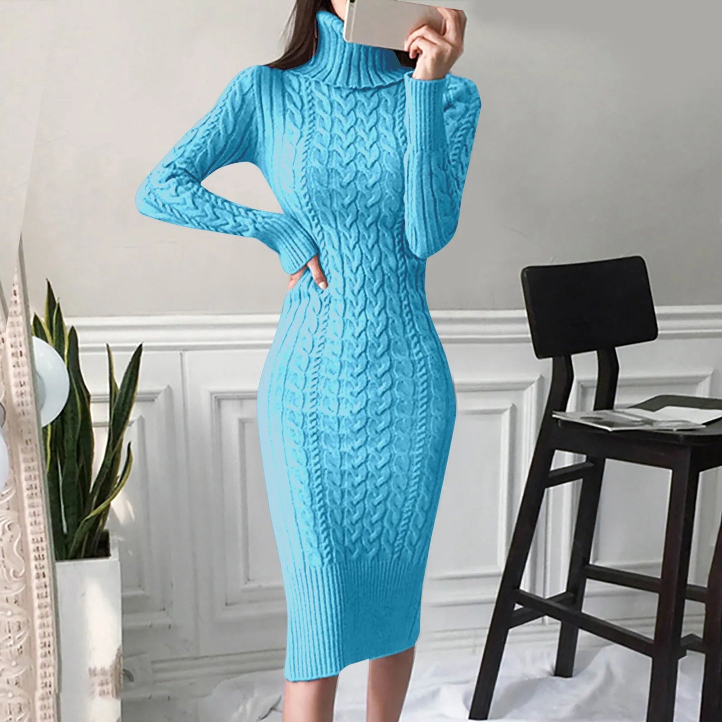 The Sculpted Cable Turtleneck Midi Dress